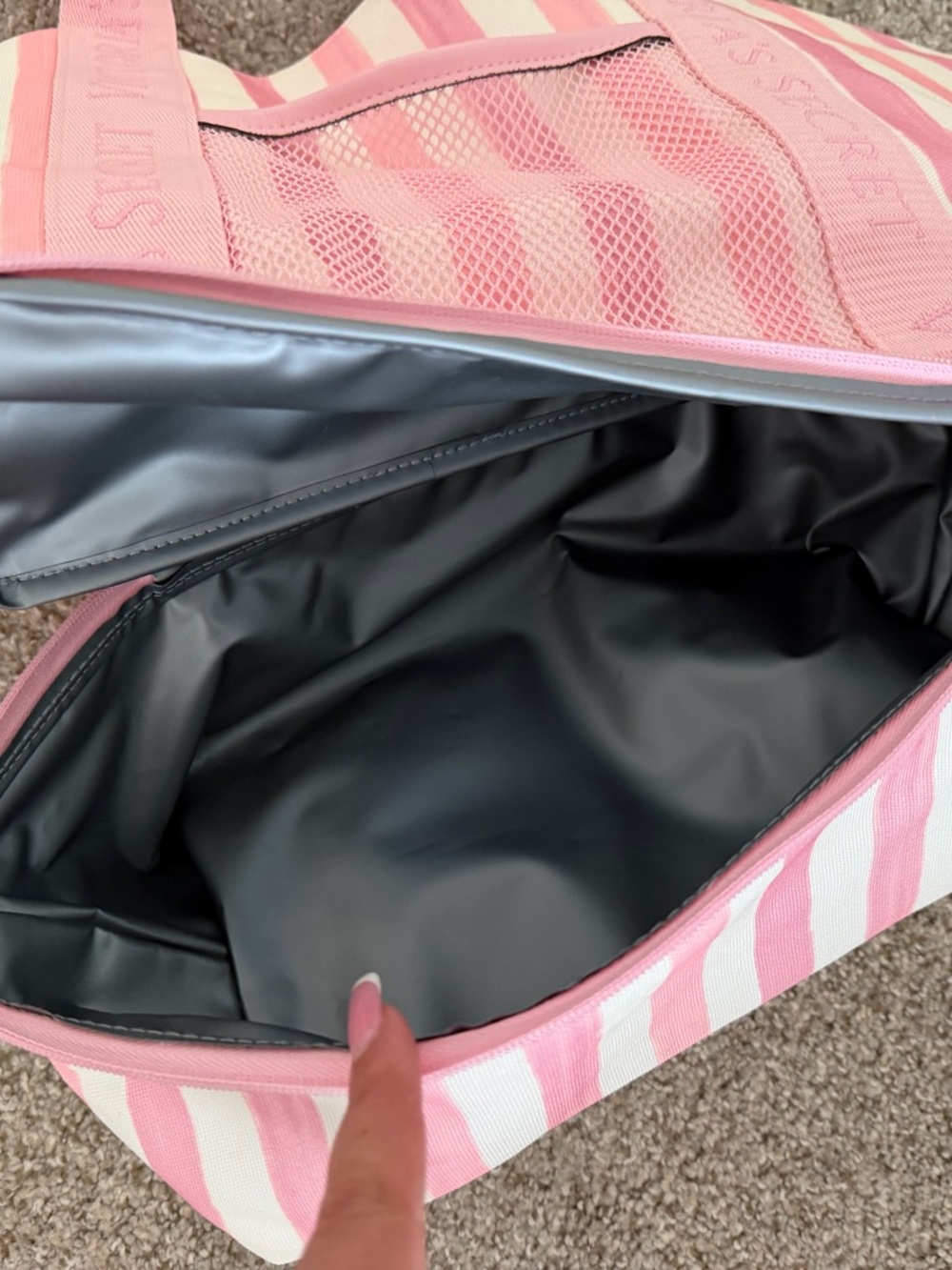 Victoria's Secret Pink & White Striped Tote with Zippered Bottom - Picture 2 of 3